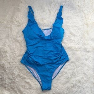 Davi & Dani Womens One Piece Ruffle Plunge Swimsuit Size 1XL Blue Beach Tropical